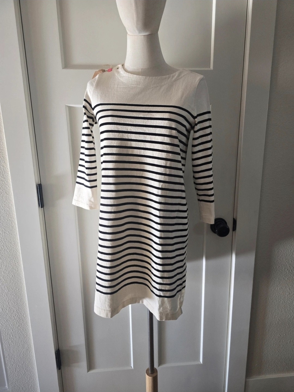 Cream and Black Striped Mini Dress with Boatneck